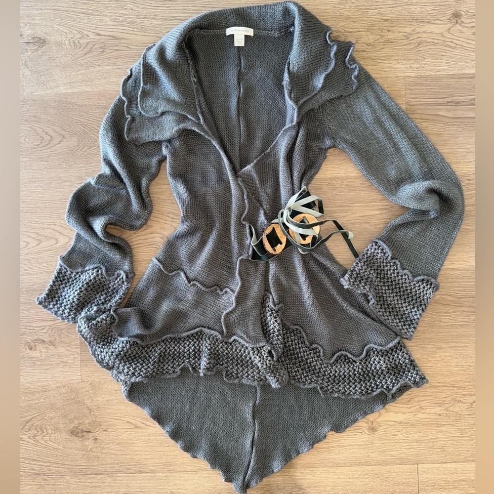 Boston Proper Asymmetrical Crochet Boho Gray Knit Ruffled Belted Cardigan Sz XS - Picture 3 of 16